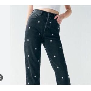 PacSun High Rise Straight Leg Raining Daisy Embroidered Black Denim Jeans Sz 27